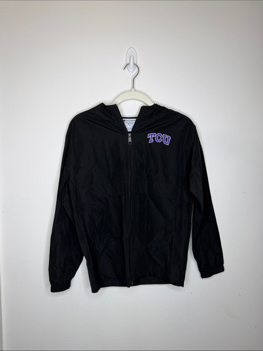 Champion Kids Black Hooded Raincoat with Purple TCU Logo